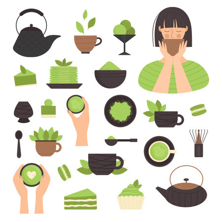 Matcha tea, set of elements. Japanese traditional tea ceremony. Green tea, healthy food, desserts, cups, teapots. Illustration in flat styleのイラスト素材