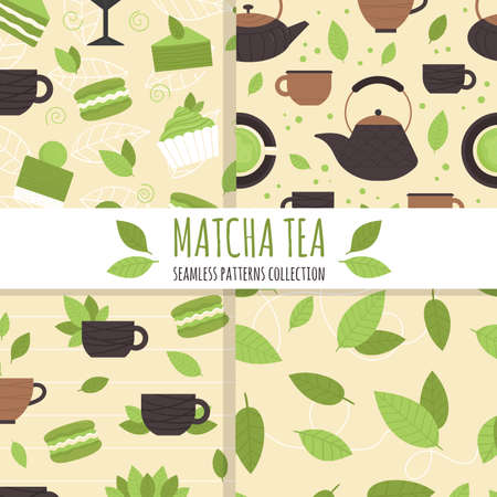 Set of seamless patterns with matcha tea elements. Traditional Japanese tea ceremony. Healthy lifestyle, harmony. An invigorating drink. Illustration in flat styleのイラスト素材