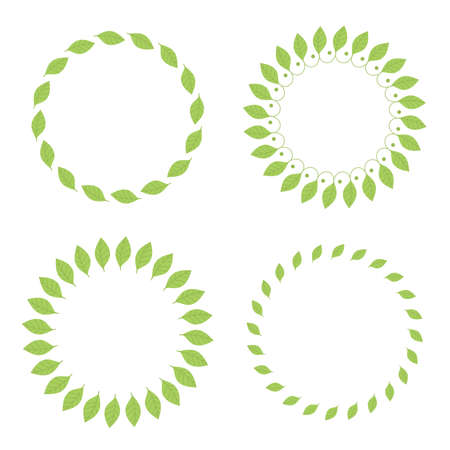 Set round frames with green leaves. Template, place for text, design of cards, banners. Green tea leaves, matcha. Healthy lifestyle, ecology, spring frame. Illustration in flat styleのイラスト素材