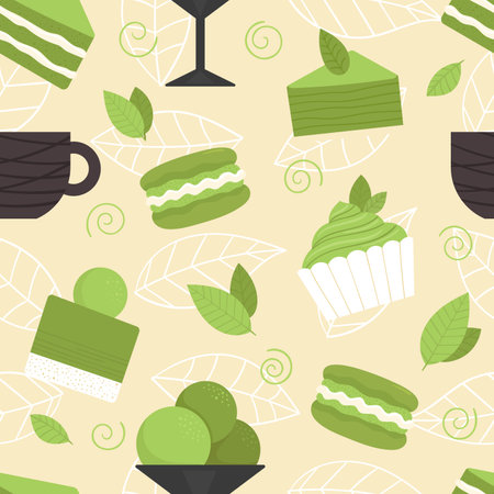 Seamless pattern with matcha tea elements. Traditional Japanese tea ceremony. Healthy lifestyle, harmony. An invigorating drink. Illustration in flat styleのイラスト素材