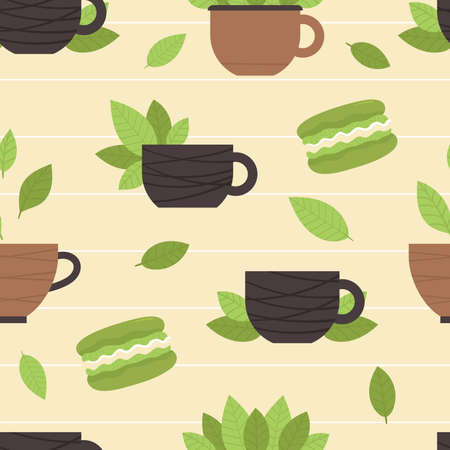 Seamless pattern with matcha tea elements. Traditional Japanese tea ceremony. Healthy lifestyle, harmony. An invigorating drink. Illustration in flat styleのイラスト素材