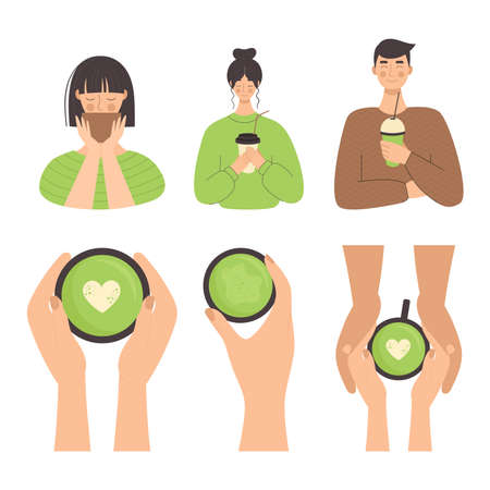 Set of people with drinks. Women and men drinking a match, coffee. Hand holds a cup of tea. Traditional Japanese tea ceremony. Illustration in a flat style.のイラスト素材