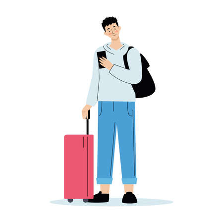 Young guy with luggage at the airport. Travel, vacation concept. Vector illustration in flat style isolated on white background.のイラスト素材