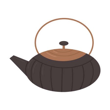 Traditional Japanese teapot for the tea ceremony. Japanese utensils for matcha tea. Flat cartoon vectorのイラスト素材