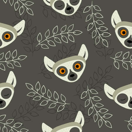 Seamless pattern with heads of lemurs. Exotic cute animals of madagascar and africa. Vector...