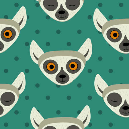 Seamless pattern with heads of lemurs. Exotic cute animals of madagascar and africa. Vector...