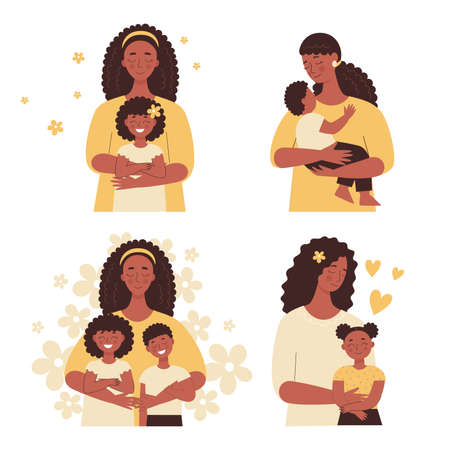 Beautiful woman holds a baby in her arms, mom hugs her children. Mother's day, women's day. Set of flat vector people isolated on white backgroundのイラスト素材