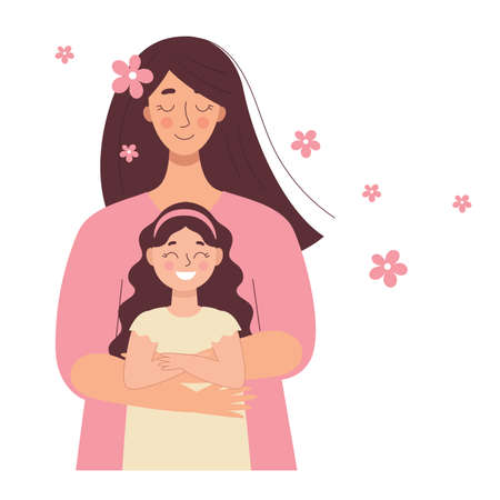 Beautiful African black woman holds a baby in her arms, mom hugs her children. Mother's day, women's day. Flat vector illustration isolated on white background.のイラスト素材