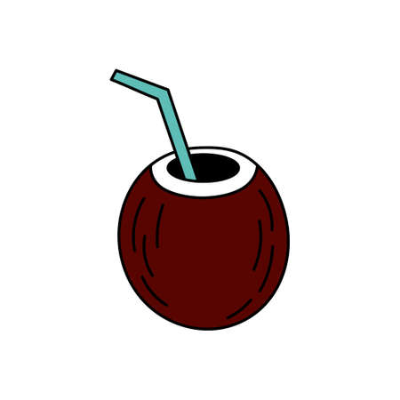 Fruit cocktail in cocount in doodle style. Simple illustration. Summer iconのイラスト素材