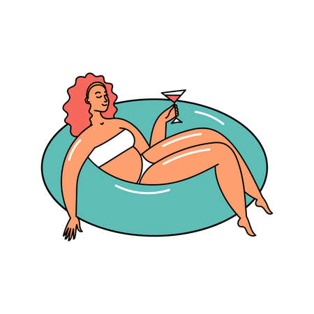 Young woman in a swimsuit with a cocktail on a rubber circle. Beach summer doodle style illustrationのイラスト素材