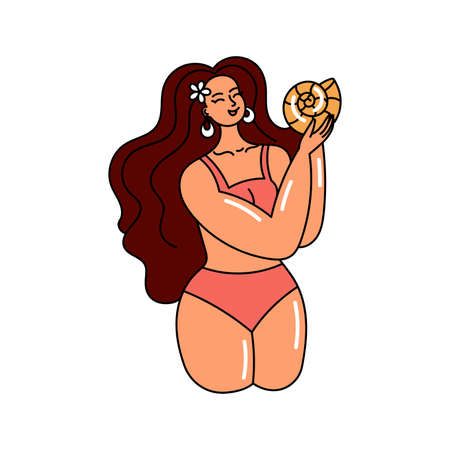 Girl in a swimsuit, summer beach vacation. Woman at the sea. Body positivity and self-love. Beautiful people. Doodle style illustrationのイラスト素材