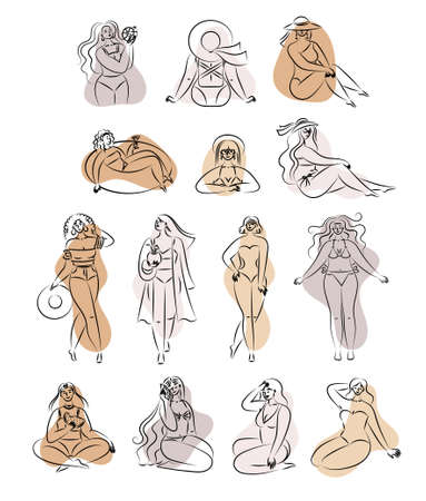 set of girls in swimsuits, summer beach collection. women on vacation. abstract designのイラスト素材