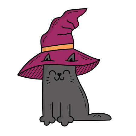 Cute gray cat wearing a witch hat. Halloween costume. Doodle style illustrationのイラスト素材