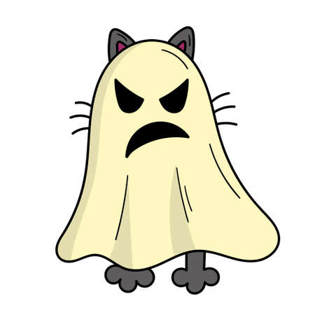 Gray cat in a scary ghost costume. Halloween costume. Doodle style illustrationのイラスト素材