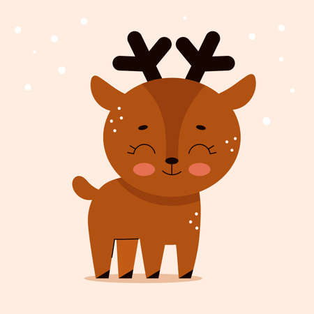 Cute brown deer in cartoon flat style. Forest animals. Vector illustration for nursery, print on textiles.のイラスト素材