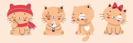 Set of Cute little cats in cartoon flat style. Home pet, kitten. Vector illustration for nursery, print on textiles, cards, clothes.のイラスト素材