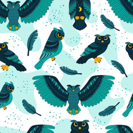 Seamless pattern with blue with blue owls, wild birds. Print for textiles and packaging. Vector cartoon illustration.のイラスト素材