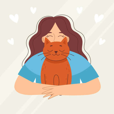 Smiling young woman with a cat, pet. Love and friendship with animals. Vet clinic. Vector illustration in cartoon styleのイラスト素材