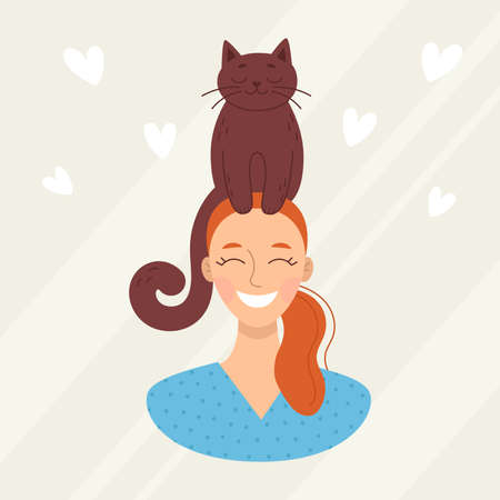 Smiling young woman with a cat on her head, pet. Love and friendship with animals. Vet clinic. Vector illustration in cartoon styleのイラスト素材