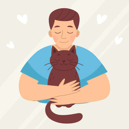 Smiling young man with a cat, pet. Love and friendship with animals. Vet clinic. Vector illustration in cartoon styleのイラスト素材