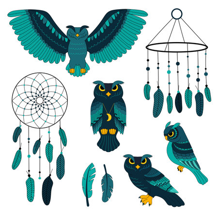 Set of Abstract blue owls ana dream catchers for decoration design. Isolated icon. Color cartoon vector illustrationのイラスト素材