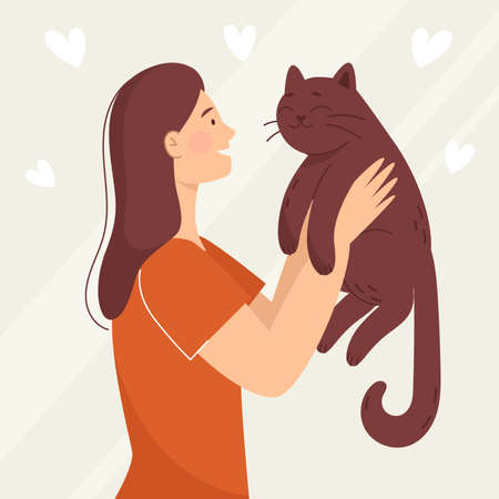 Smiling young woman with a cat, pet. Love and friendship with animals. Vet clinic. Vector illustration in cartoon styleのイラスト素材