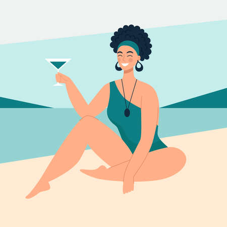 Beautiful woman with coctail on the beach, great design for any purposes. Holiday summer beach background. Beautiful beach. Paradise beach. Luxury travel.のイラスト素材