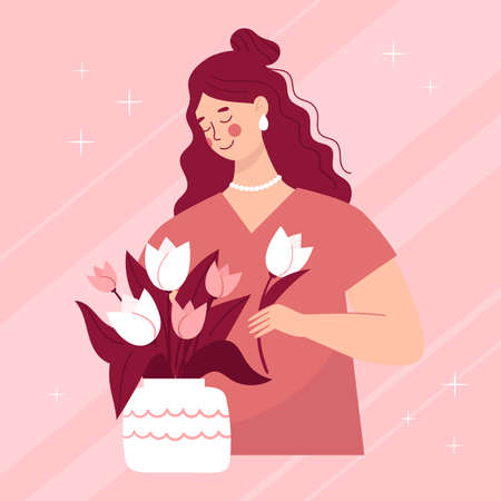 Beautiful young woman vase of flovers for celebration design. Greeting card, postcard for birthday, international womans day. Cartoon vector illustrationのイラスト素材