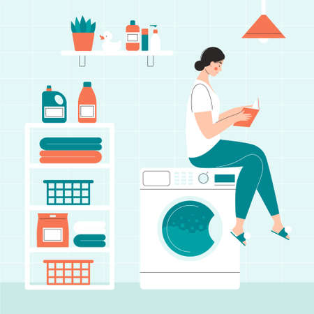 Happy woman in the laundry reads a book. Household chores, housework, housewife. Washing clothes. Flat vector illustrationのイラスト素材