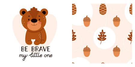 Cute baby print for pajamas or bedding. Forest animals for printing on fabric. Lettering for children, sweet dreams. Adorable teddy bear. Vector illustrationのイラスト素材