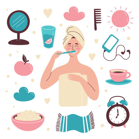 Set of hand drawn morning routine elements. The woman is brushing her teeth. Breakfast, morning fitness, daily planning. Vector isolated illustrationのイラスト素材