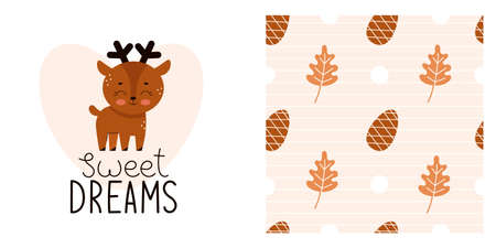 Cute baby print for pajamas or bedding. Forest animals for printing on fabric. Lettering for children, sweet dreams. Adorable deer. Vector illustrationのイラスト素材