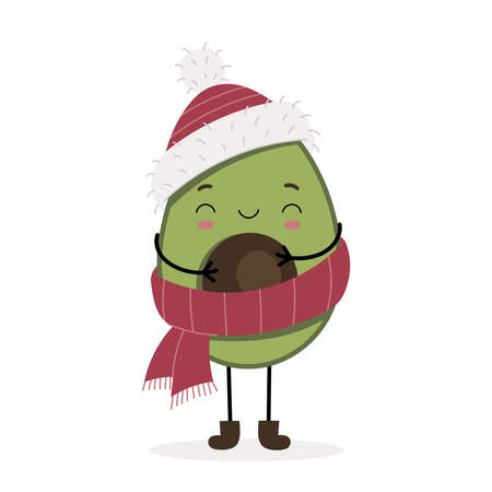 Cute smiling avocado character wearing a winter hat and scarf. winter clothing. Printable print for clothes, posters, notebooks, postcards. Cartoon isolated illustration on white backgroundのイラスト素材