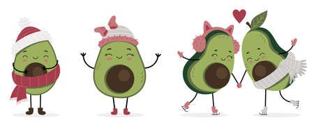 Set of cute avocado characters in winter clothes. winter activity. Printable print for clothes,...