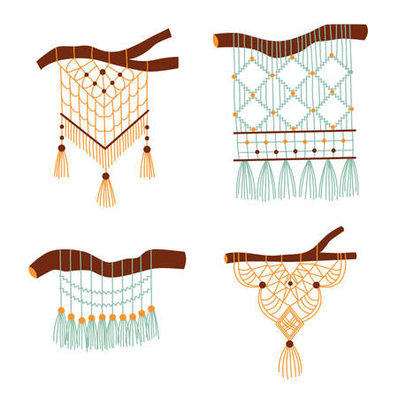 Set of Macrame on a wooden branch. Handmade boho home decor, cotton thread weaving, home decoration. Simple flat vector illustration isolated on white backgroundのイラスト素材