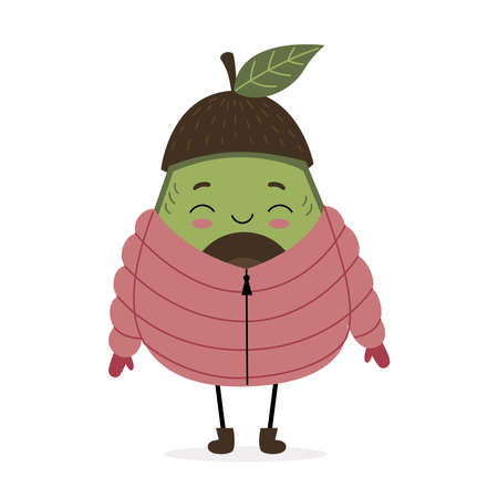 Cute smiling avocado character in a winter hat and warm down jacket. Printable print for clothes, posters, notebooks, postcards. Cartoon isolated illustration on white backgroundのイラスト素材