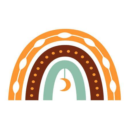 Abstract stylized decorative boho rainbow with patterns and floral ornament. Decor for interior decoration, poster, clothing. Flat isolated illustration on white backgroundのイラスト素材