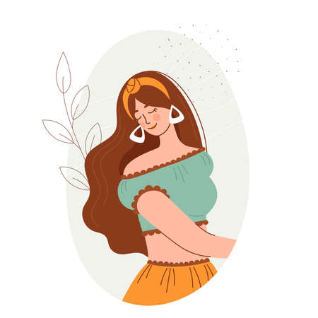 Women in boho outfit on abstract background. Modern boho collection with boho outfits for clothes design. summer style. hippie style. Elegant, modern style.のイラスト素材