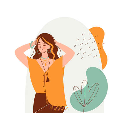 Women in boho outfit on abstract background. Modern boho collection with boho outfits for clothes design. summer style. hippie style. Elegant, modern style.のイラスト素材