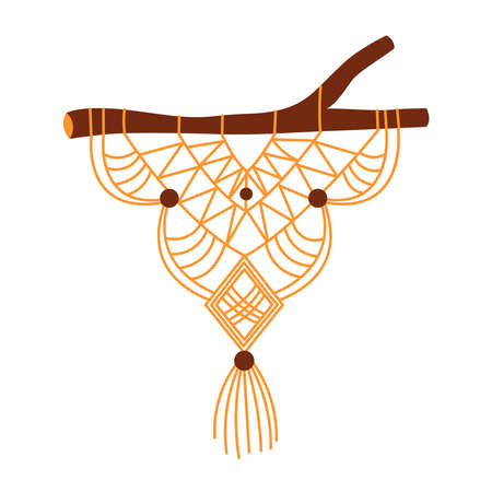 Macrame on a wooden branch. Handmade boho home decor, cotton thread weaving, home decoration. Simple...