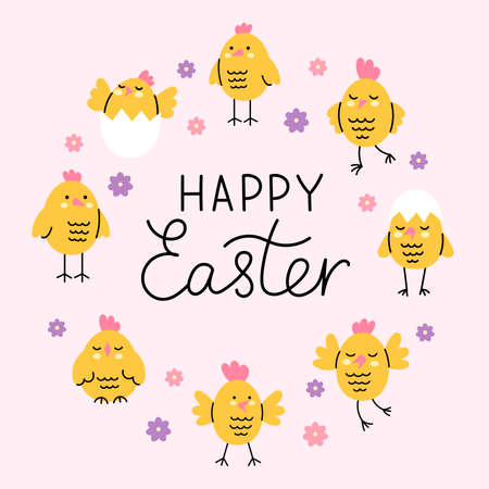 Round frame of cute yellow chicks with lettering Happy easter. farm animals. Funny holiday kids...