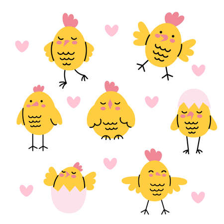 Set of cute yellow chicks. farm animals. Funny holiday kids characters. Hand drawn vector cute...