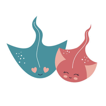 Loving couple of cute sea stingrays. Underwater animals, marine life. Vector illustration for...