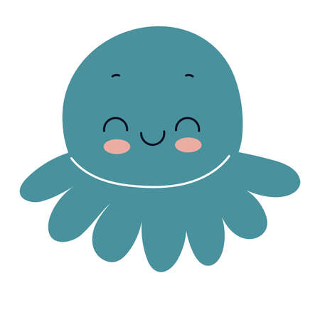 Cute blue sea octopus, underwater wild animals. Flat vector illustration isolated on white background.のイラスト素材