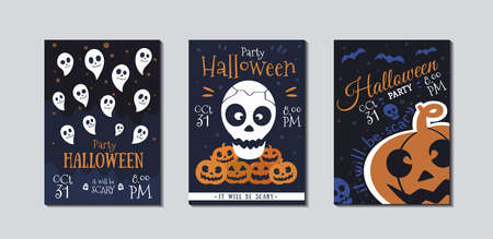 Halloween, All saints day party invitation, poster, template, flyer. Holiday creepy leaflet design. Helloween advertising card, layout with text. Scary pumpkin. Hand drawn vector illustrationのイラスト素材