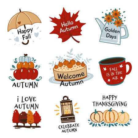 Vector autumn set of labels and hand written phrases - Happy Thanksgiving, Welcome autumn, Hello fall. Collection of scrapbooking elements for harvest party. All elements are isolated on white.のイラスト素材