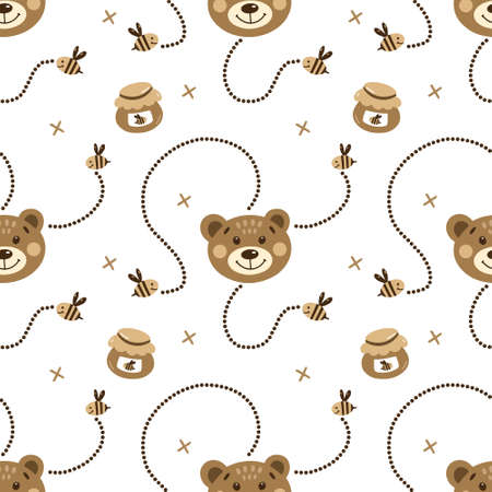 Bears, bees and pots with honey. Texture for fabric, pattern for childrenのイラスト素材