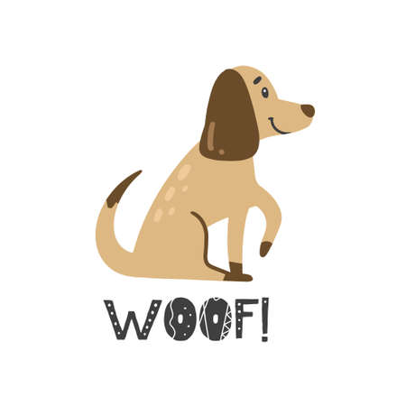 Vector hand-drawn color childrens illustration, poster, print with a cute doggy and lettering Woof in Scandinavian style on a white background. Cute baby animals. Dog. Pets. Baby print.のイラスト素材