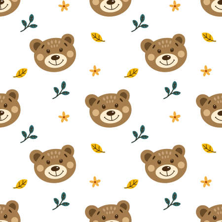 Seamless background with autumn teddy bear. Cute animal on a white background with leaves. Vector illustration. Scandinavian style. Children collectionのイラスト素材