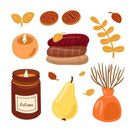 Autumn set with sweaters, candles, cakes, pear, vase, and leavesのイラスト素材